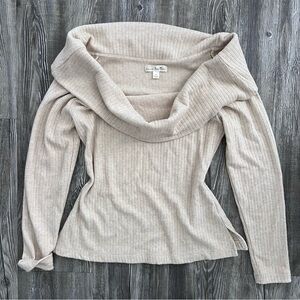 Cream Off The Shoulder Ribbed Foldover Sweater